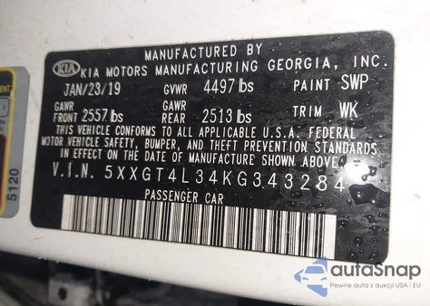 2019 Kia Optima Lx z USA, uszkodzony, nr VIN 5XXGT4L34KG343284